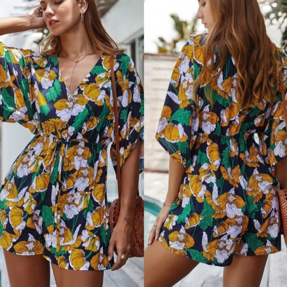 Tropical Floral Kimono Sleeve Romper – S M XL Available – Yellow, Green, White